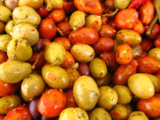 Image showing green olives and hot peppers