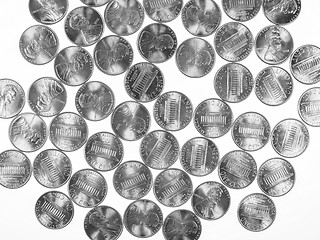 Image showing Black and white Dollar coins 1 cent wheat penny