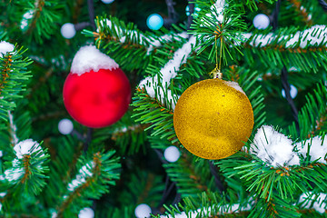 Image showing Yellow and red Christmas balls on fir branch in snow. Christmas 