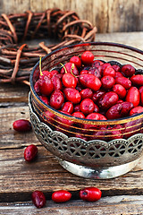 Image showing Vase with ripe cornelian cherry