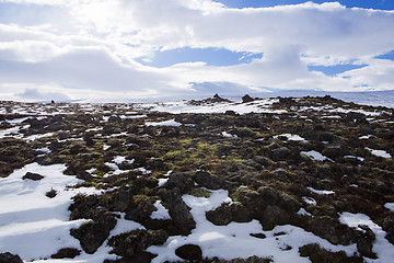 Image showing Wide panorama shot of winter mountain landscape, Iceland