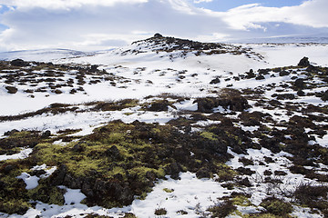 Image showing Wide panorama shot of winter mountain landscape, Iceland