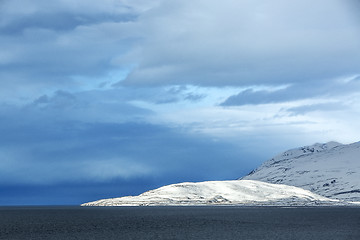 Image showing Wide panorama shot of winter mountain landscape, Iceland