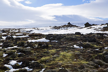 Image showing Wide panorama shot of winter mountain landscape, Iceland