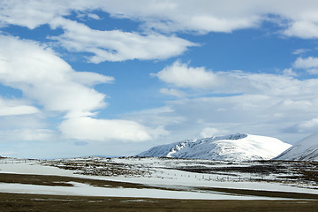 Image showing Wide panorama shot of winter mountain landscape, Iceland