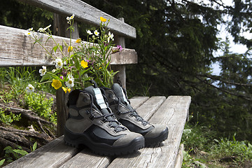 Image showing Hiking shoes with flowers on a bench