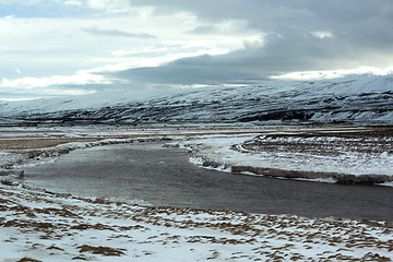 Image showing Wide panorama shot of winter mountain landscape, Iceland