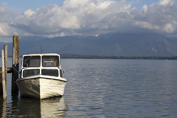 Image showing Motor boat at the pier, Chiemsee, Bavaria