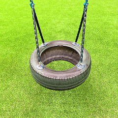 Image showing Tire swing on green grass background