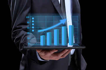 Image showing usinessmen, hand touch screen graph on a tablet