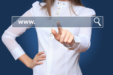 Image showing Young woman touching web browser address bar with www sign