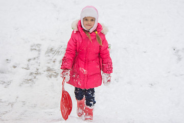 Image showing The girl rolled down a hill climbs back on top