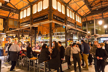 Image showing People drinking and eating at San Miguel market, Madrid.