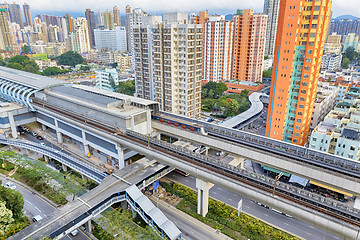 Image showing hong kong urban downtown and sunset speed train