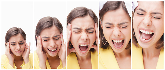 Image showing The collage of a beautiful business woman in stress