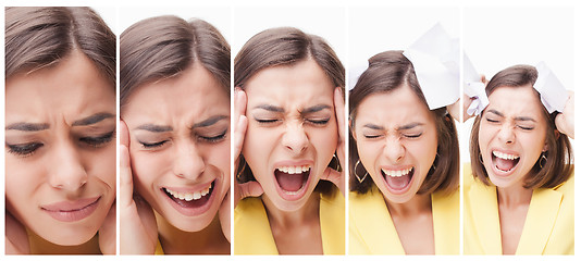 Image showing The collage of a beautiful business woman in stress