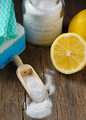 Image showing Natural cleaning tools lemon and sodium bicarbonate 