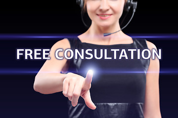 Image showing technology, internet and networking concept - businesswoman pressing free consultation button on virtual screens