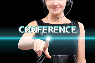 Image showing businesswoman, Focus on hand pressing conference button. virtual screens, technology, internet concept.