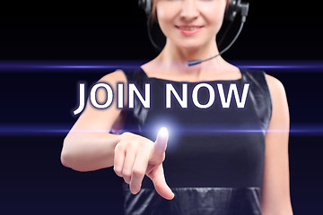 Image showing businesswoman,  hand pressing join now button on virtual screens, business concept.