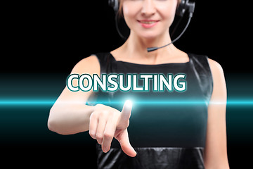 Image showing businesswoman, Focus on hand pressing consulting button. virtual screens, technology and internet concept.