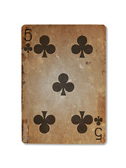 Image showing Very old playing card, five of clubs