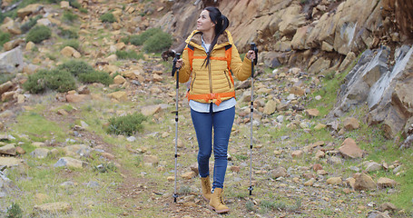 Image showing Fit healthy young woman hiking on a trail