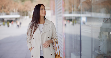 Image showing Smiling stylish woman walking past a shop