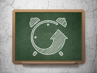 Image showing Timeline concept: Alarm Clock on chalkboard background