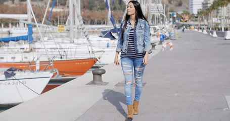 Image showing Pretty woman strolling on a waterfront promenade