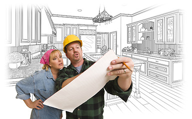 Image showing Contractor Discussing Plans with Woman, Kitchen Drawing Behind