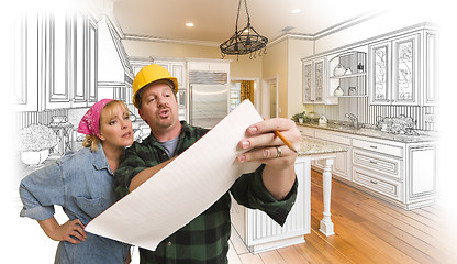 Image showing Contractor Discussing Plans with Woman, Kitchen Drawing Photo Be