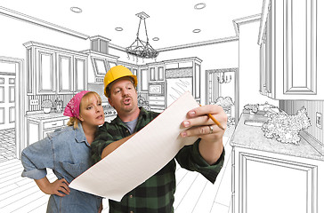 Image showing Contractor Discussing Plans with Woman, Kitchen Drawing Behind