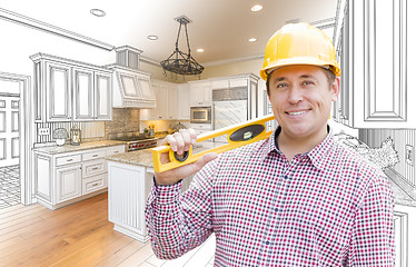 Image showing Contractor in Hard Hat Over Custom Kitchen Drawing and Photo