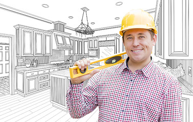 Image showing Contractor in Hard Hat with Level Over Custom Kitchen Drawing