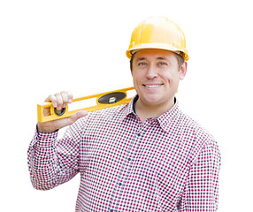 Image showing Young Male Contractor with Hard Hat and Level on White