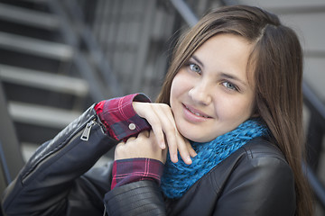 Image showing Portrait of Pretty Young Girl Weather Leather Jacket