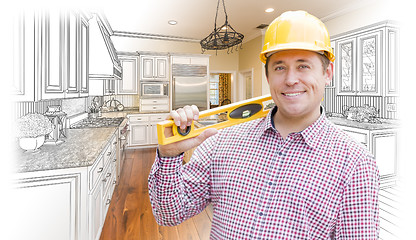 Image showing Contractor in Hard Hat Over Custom Kitchen Drawing and Photo