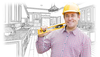 Image showing Contractor in Hard Hat with Level Over Custom Kitchen Drawing