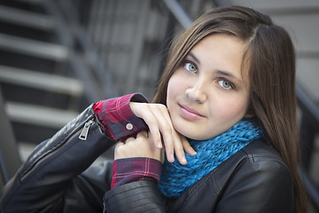 Image showing Portrait of Pretty Young Girl Weather Leather Jacket