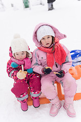 Image showing portrait of two little grils sitting together on sledges