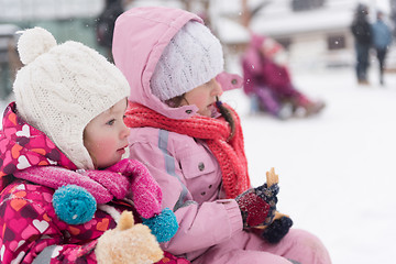 Image showing portrait of two little grils sitting together on sledges