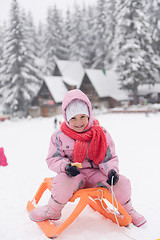 Image showing little girl sitting on sledges