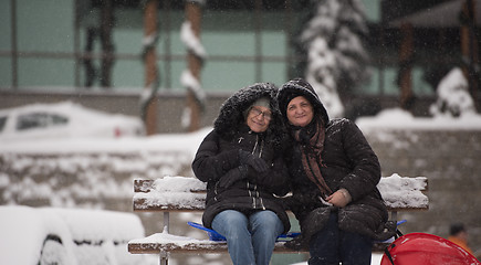 Image showing portrait of two mature woman sitting in park at  winter day
