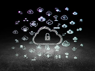 Image showing Cloud networking concept: Cloud With Padlock in grunge dark room