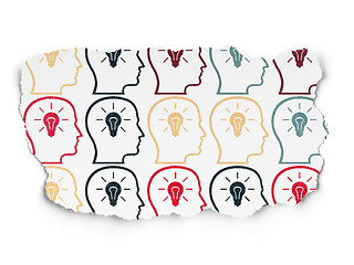 Image showing Advertising concept: Head With Lightbulb icons on Torn Paper background