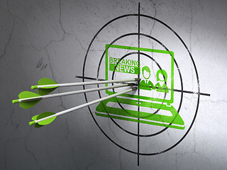 Image showing News concept: arrows in Breaking News On Laptop target on wall background
