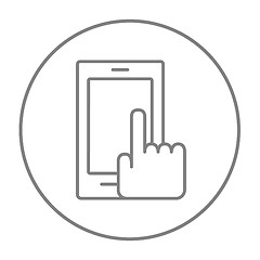 Image showing Finger pointing at smart phone line icon.