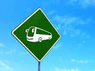 Image showing Vacation concept: Bus on road sign background