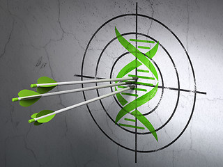 Image showing Science concept: arrows in DNA target on wall background